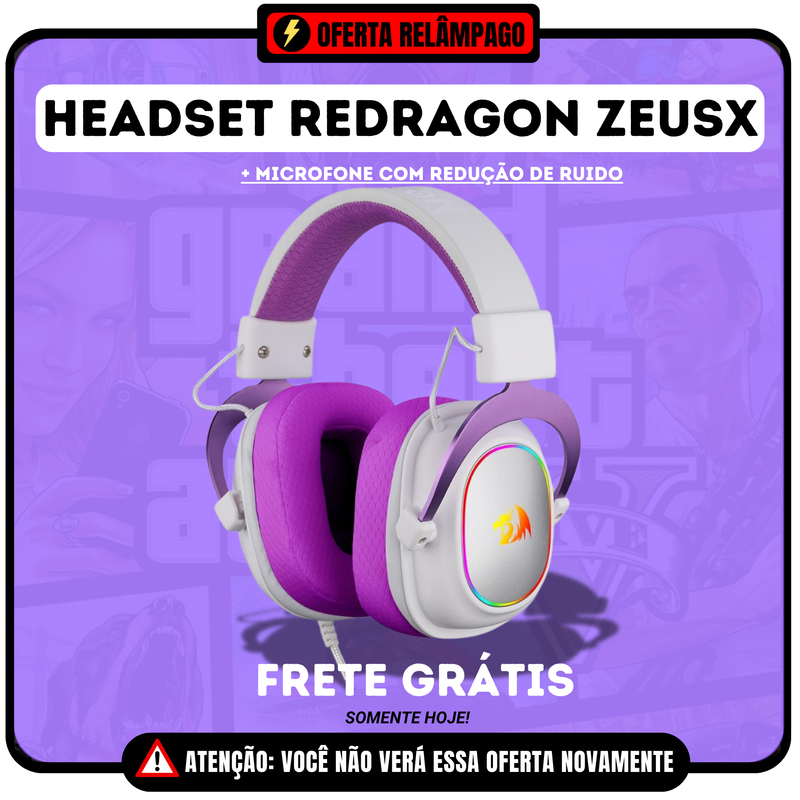 Headset Gamer Redragon Zeus X RGB, Surround 7.1, Driver de 53mm, USB, Microfone com Redução de Ruído, Branco com Roxo - H510WP-RGB